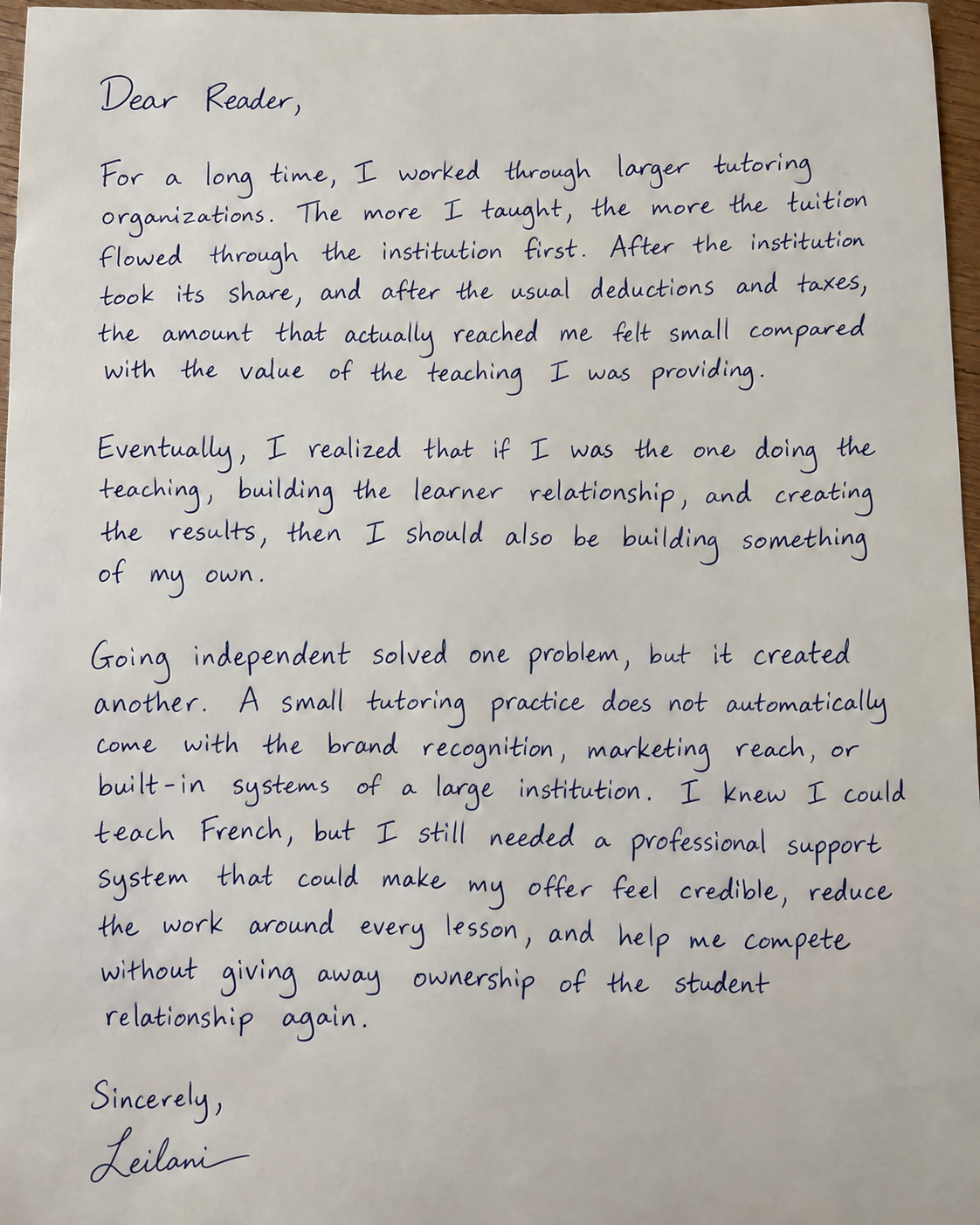 Handwritten tutor letter describing why the tutor chose Simple French with Hems